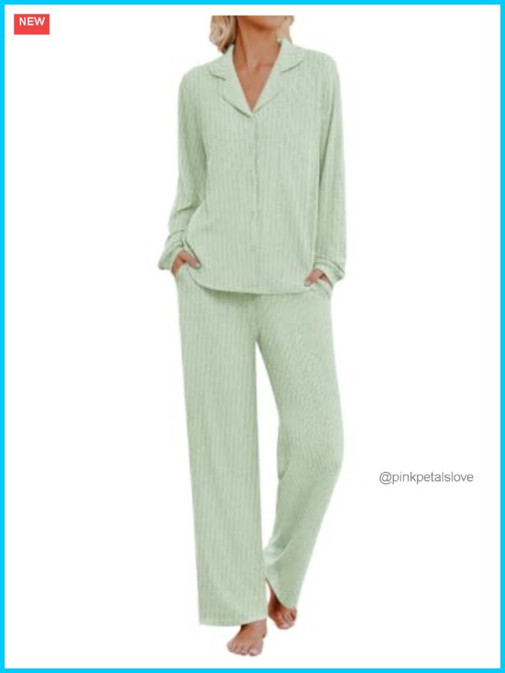 Ribbed Knit Pajama Set Long Sleeve Button Down Lounge Set with Pockets